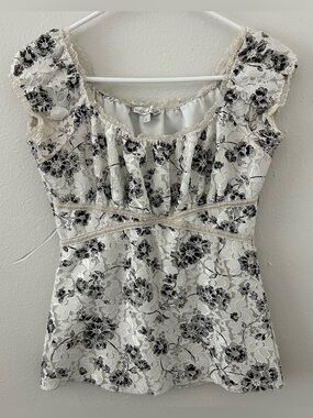 Y2K Moa Moa Lace Milkmaid Babydoll Top Sz L Black White Floral Fairy Whimsigoth
